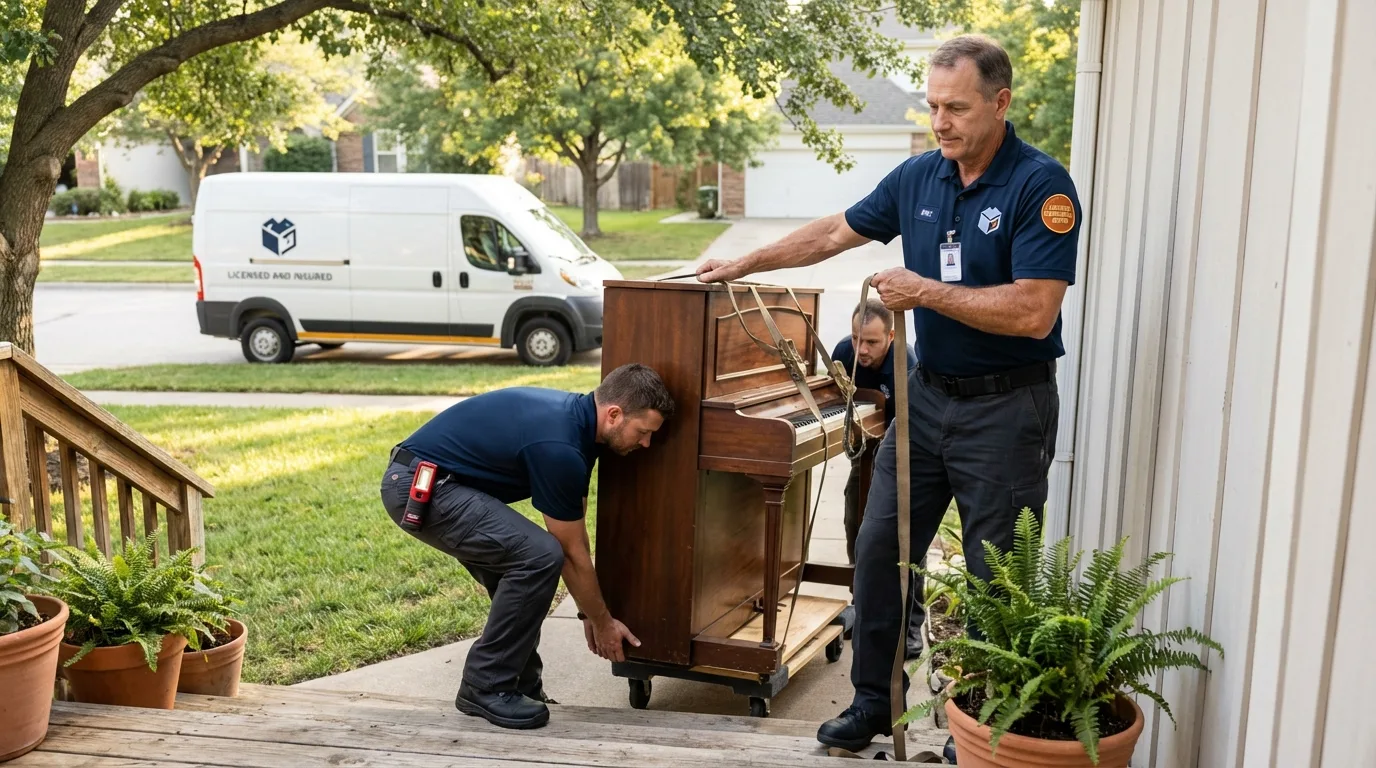 Licensed piano movers securing grand piano in Holts Summit, MO