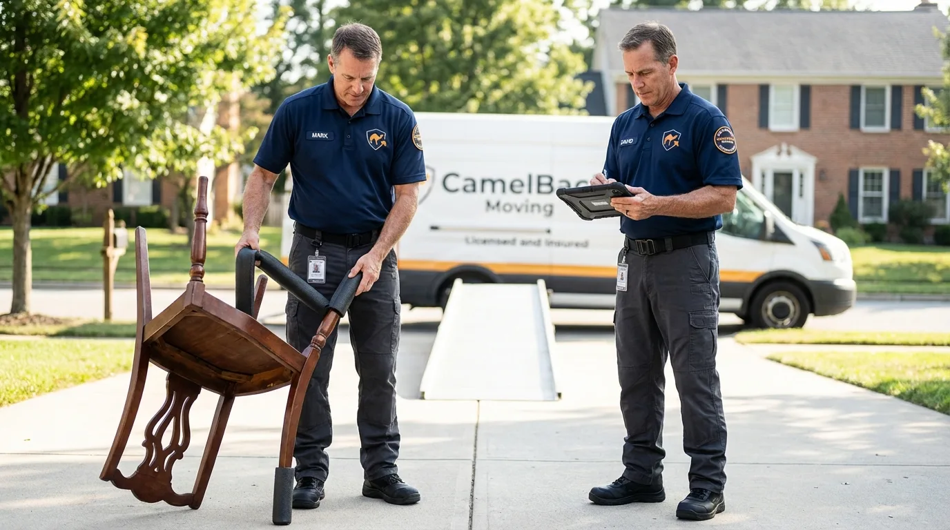 Movers inspecting furniture for damage prevention before loading in Holts Summit, MO